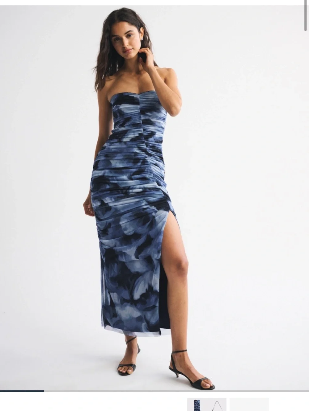 Abercrombie & Fitch Blue Watercolor Ruched Maxi Dress